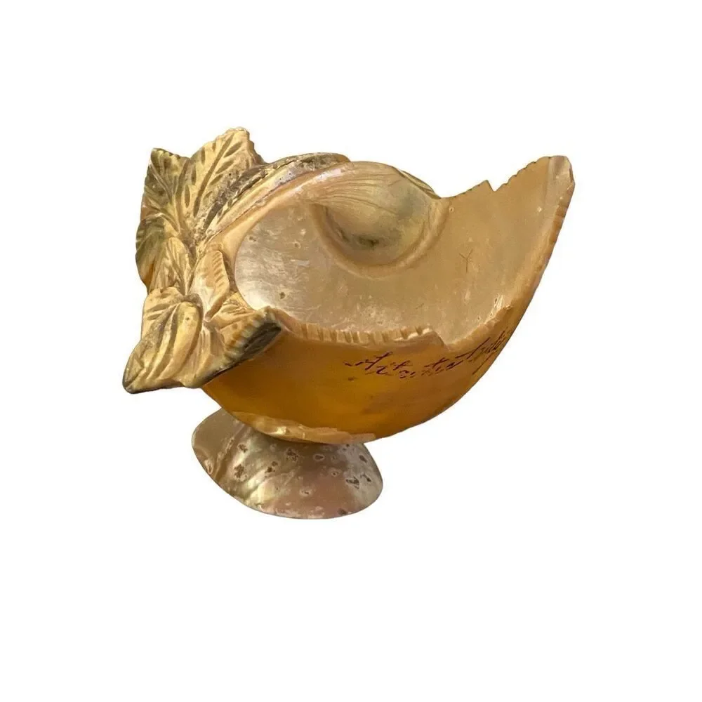 Victorian Hand Carved Conch Shell Basket Bowl Caviar  Dish Mother of Pearl Antiq
